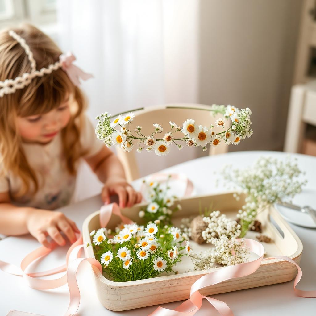 Child wearing a daisy flower crown beside a wooden sensory tray of blooms